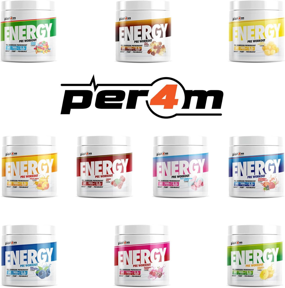 Per4m Energy Pre Workout with Amino Acids | Caffeine, Tyrosine, Citrulline & Theobromine | Endurance, Focus & Sustained Power | 60 Servings (390g, Peach Sweets)