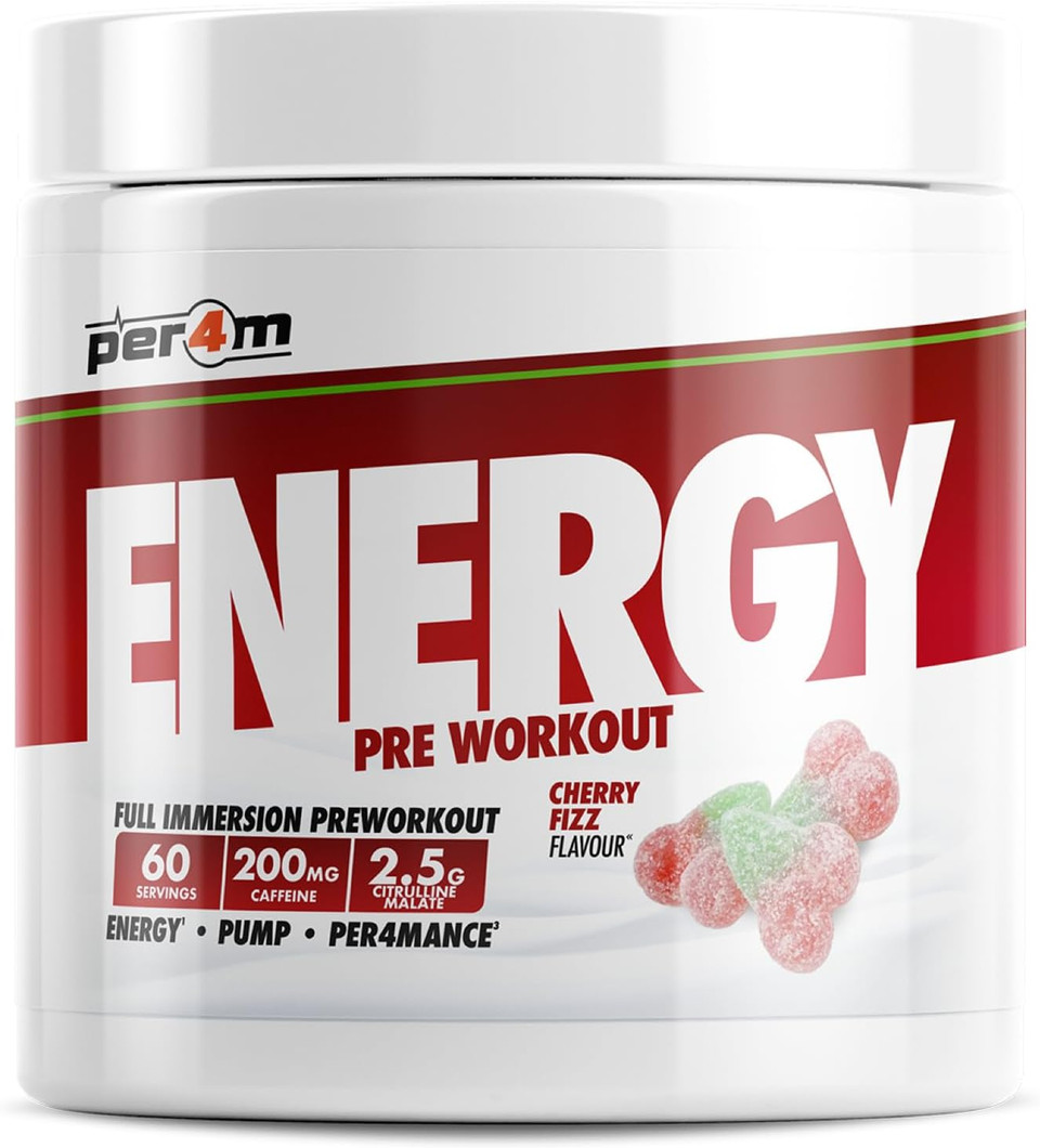 Per4m Energy Pre Workout with Amino Acids | Caffeine, Tyrosine, Citrulline & Theobromine | Endurance, Focus & Sustained Power | 60 Servings (390g, Cherry Fizz)
