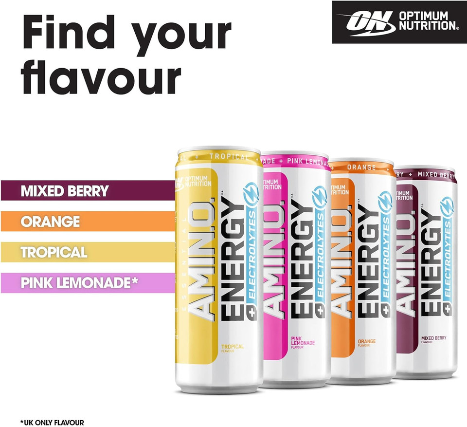 Optimum Nutrition Essential Amino Energy + Electrolytes, Ready to Drink Sugar Free EAA Energy Drink with Electrolytes and Caffeine, Workout Supplement for Men and Women, Pink Lemonade, 24x250 ml