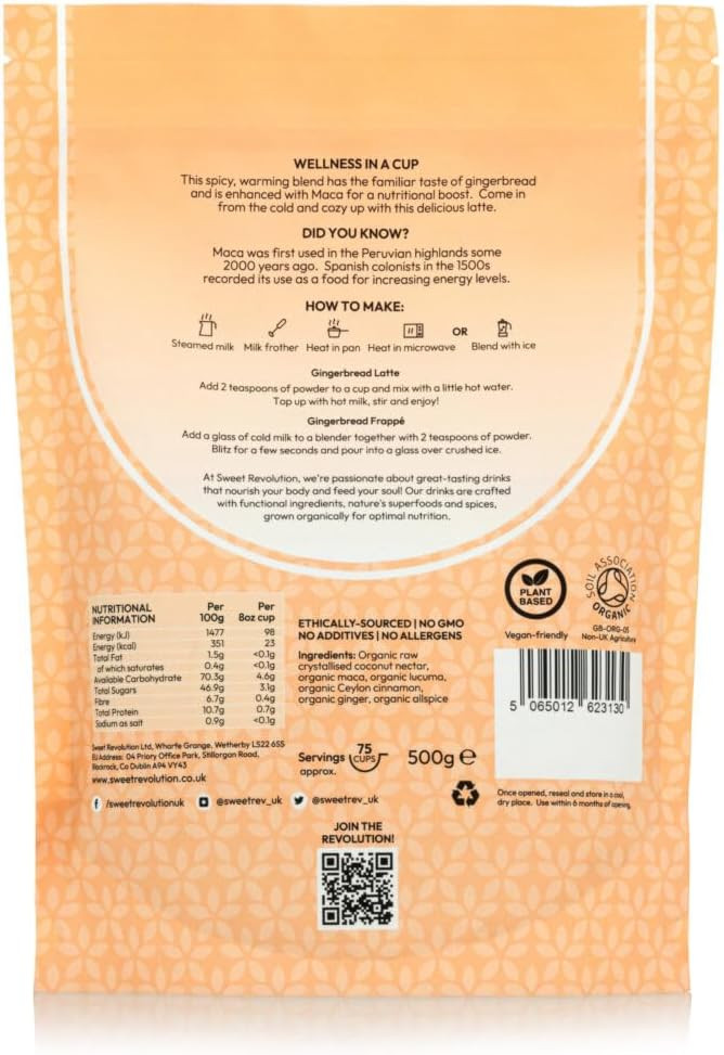 Organic Gingerbread Latte with Maca Barista Blend (1 x 500g) Catering Pack. Caffeine Free, Gluten Free, Dairy Free, Refined Sugar-Free