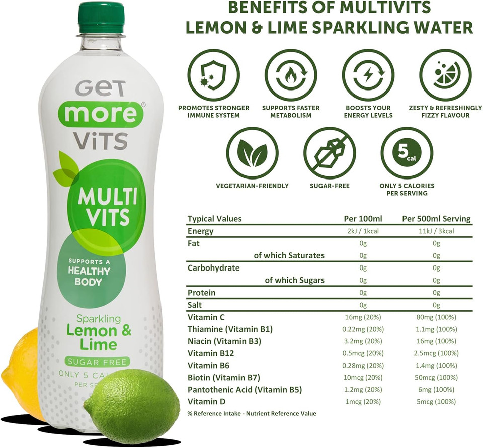 Get More Vits Still & Sparkling Water - Low Calorie, Sugar Free, & Multivitamin Fizzy Drink with Vitamin D, C, & B Vitamins - Pack of 12 Multi-Flavoured Water Multipack - 1 Litre Bottle, 3 Flavours