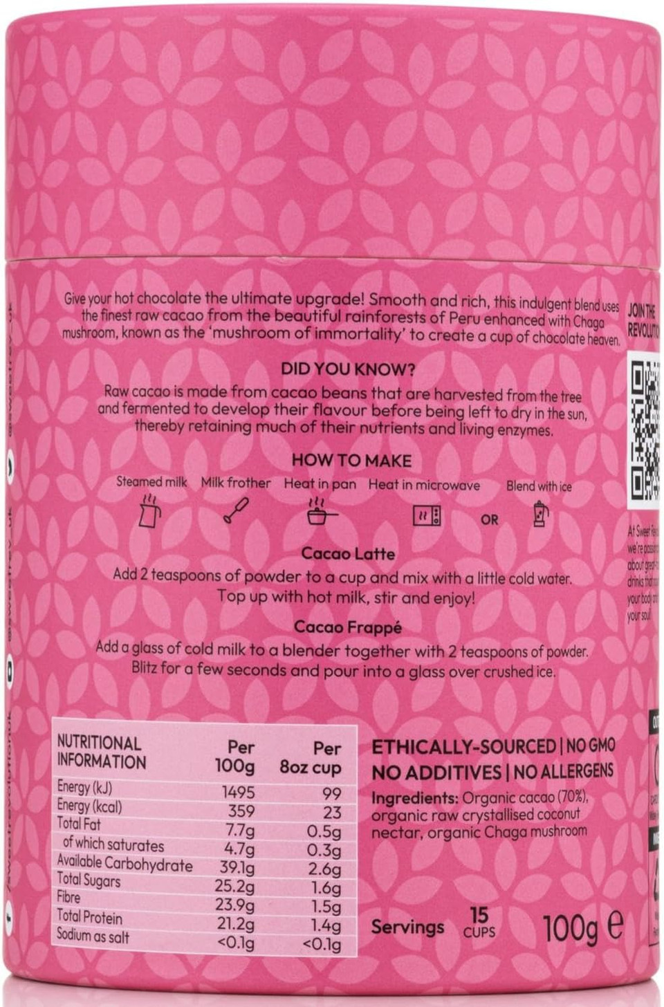 Sweet Revolution Organic Cacao Latte with Chaga Barista Blend (3 x 100g) tub. Gluten Free, Dairy Free, Refined Sugar-Free