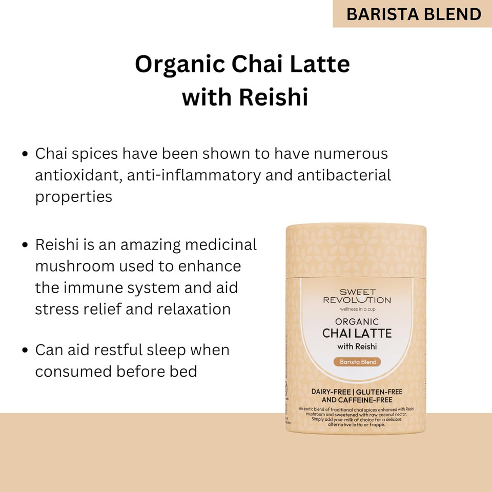 Sweet Revolution Organic Chai Latte with Reishi Barista Blend (3 x 100g) tub. Caffeine Free, Gluten Free, Dairy Free, Refined Sugar-Free