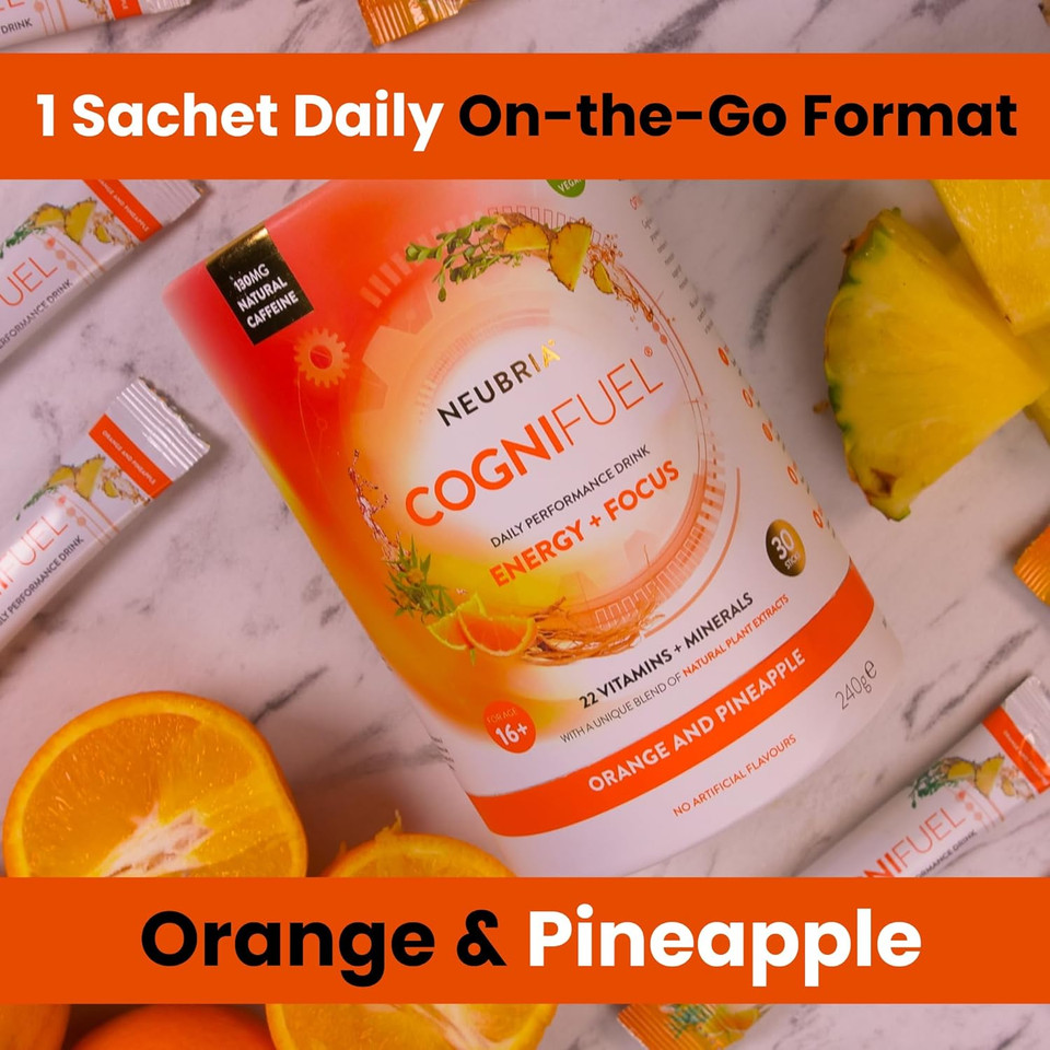 NEUBRIA Cognifuel | 30 Hydration Sachets, Gym & Workout Energy Drink with Electrolytes, Caffeine, L-Theanine, Choline, L-Tyrosine & Vitamins, Improves Cognition, Focus, Orange & Pineapple