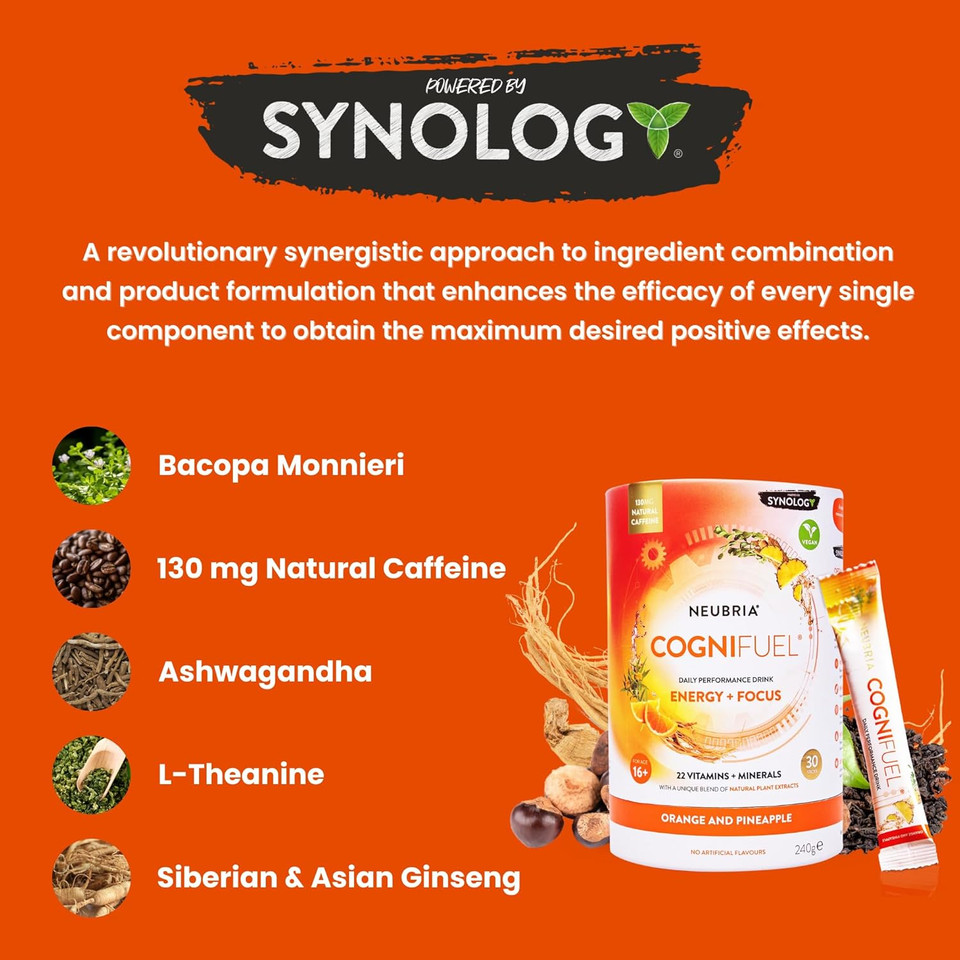 NEUBRIA Cognifuel | 30 Hydration Sachets, Gym & Workout Energy Drink with Electrolytes, Caffeine, L-Theanine, Choline, L-Tyrosine & Vitamins, Improves Cognition, Focus, Orange & Pineapple