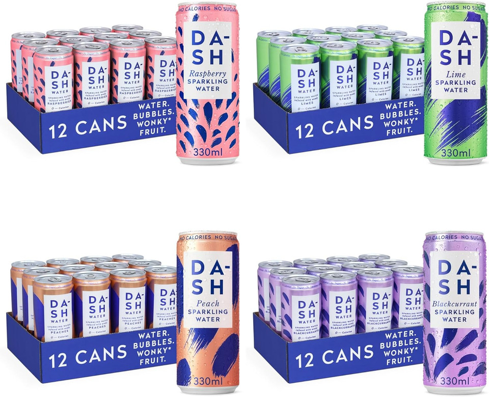 Dash Water - Pack of 48: Lime, Raspberry, Peach, Blackcurrant - NO Sugar, NO Sweetener, NO Calories - Infused with Wonky Fruit (330ml Can Each) Dash Water - Pack of 48: Lime, Raspberry, Peach, Blackcurrant - NO Sugar, NO Sweetener, NO Calories - Infused with Wonky Fruit (330ml Can Each)