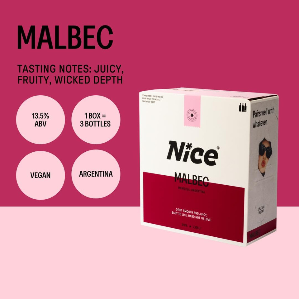 NICE Malbec, Argentinian Wine in a Box, Juicy & Fruity Red Wine from Mendoza Region, Darkly Fruity, Wicked Depth, 1 x 2.25L Boxed Wine (Pack of 6) NICE Malbec, Argentinian Wine in a Box, Juicy & Fruity Red Wine from Mendoza Region, Darkly Fruity, Wicked Depth, 1 x 2.25L Boxed Wine (Pack of 6)