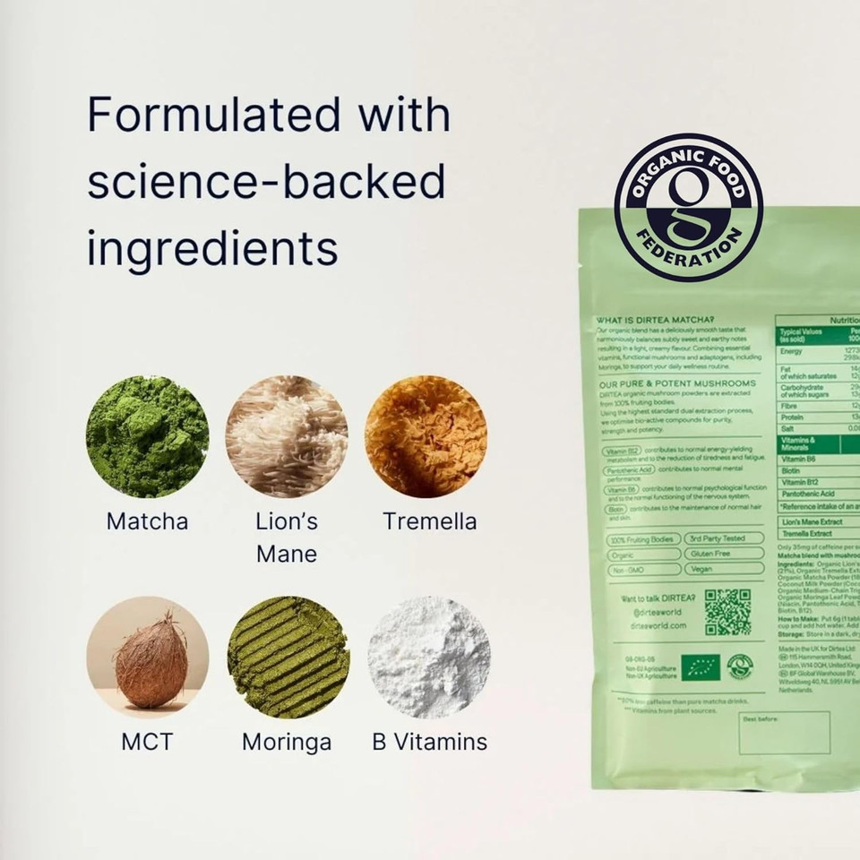 DIRTEA Cacao with Lion's Mane, Reishi & Tremella - 100% Organic Cacao with MCT & Moringa - 2,500mg Mushrooms per Serving - Vegan & Non GMO - 180g - 30 Servings