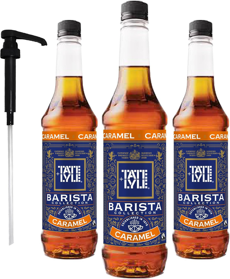Tate & Lyle Caramel Coffee Syrup 750ml Fairtrade (3 Bottles, With Pump)