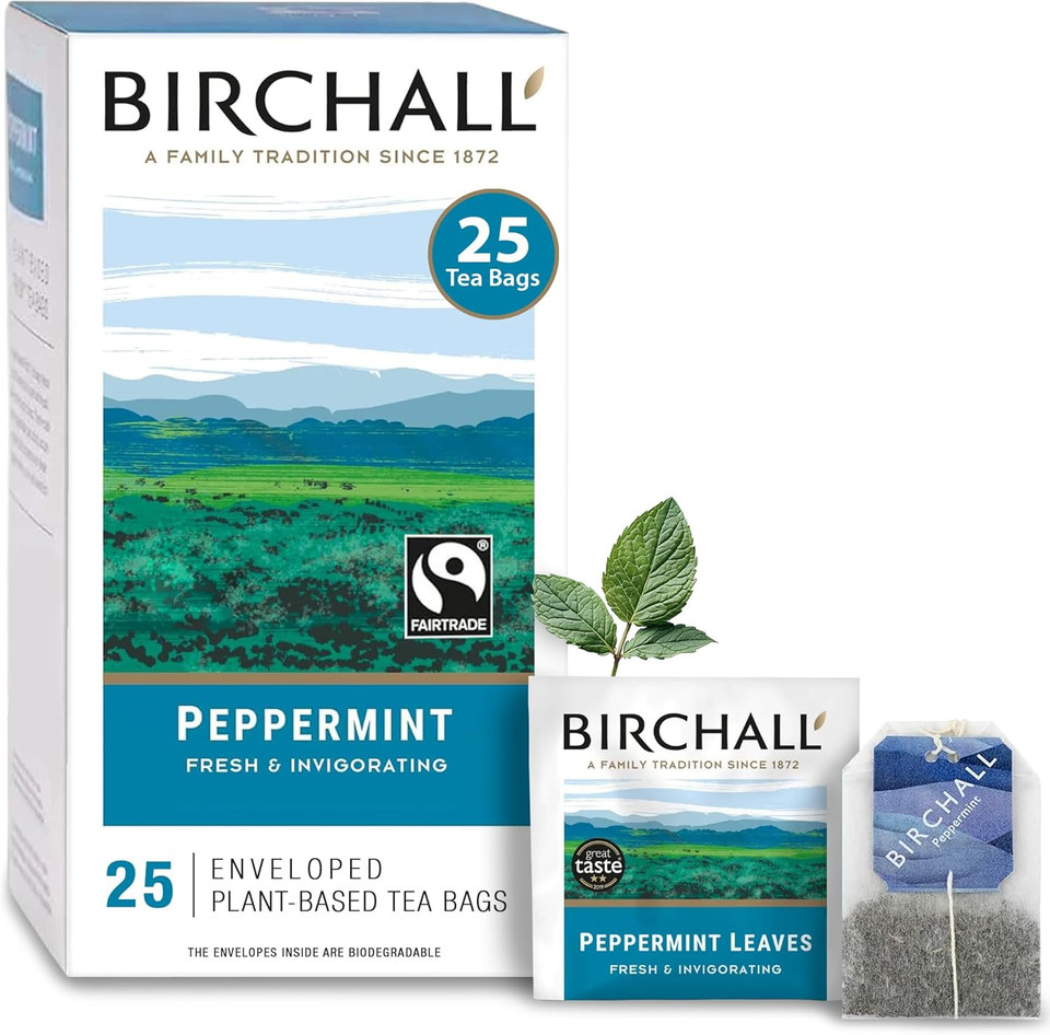 Birchall Tea Bags, Peppermint Tea Gift Set, Caffeine Free Tea Bursting with Full Flavour, Perfect Vegan Gifts, 25 Enveloped Plant-Based Tea Bags