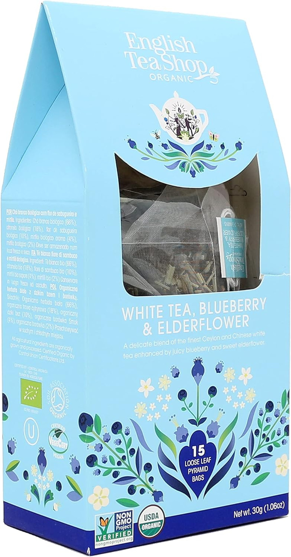 English Tea Shop Organic White Tea, Blueberry & Elder Flower Loose Leaf, 15 Pyramid Tea Bags