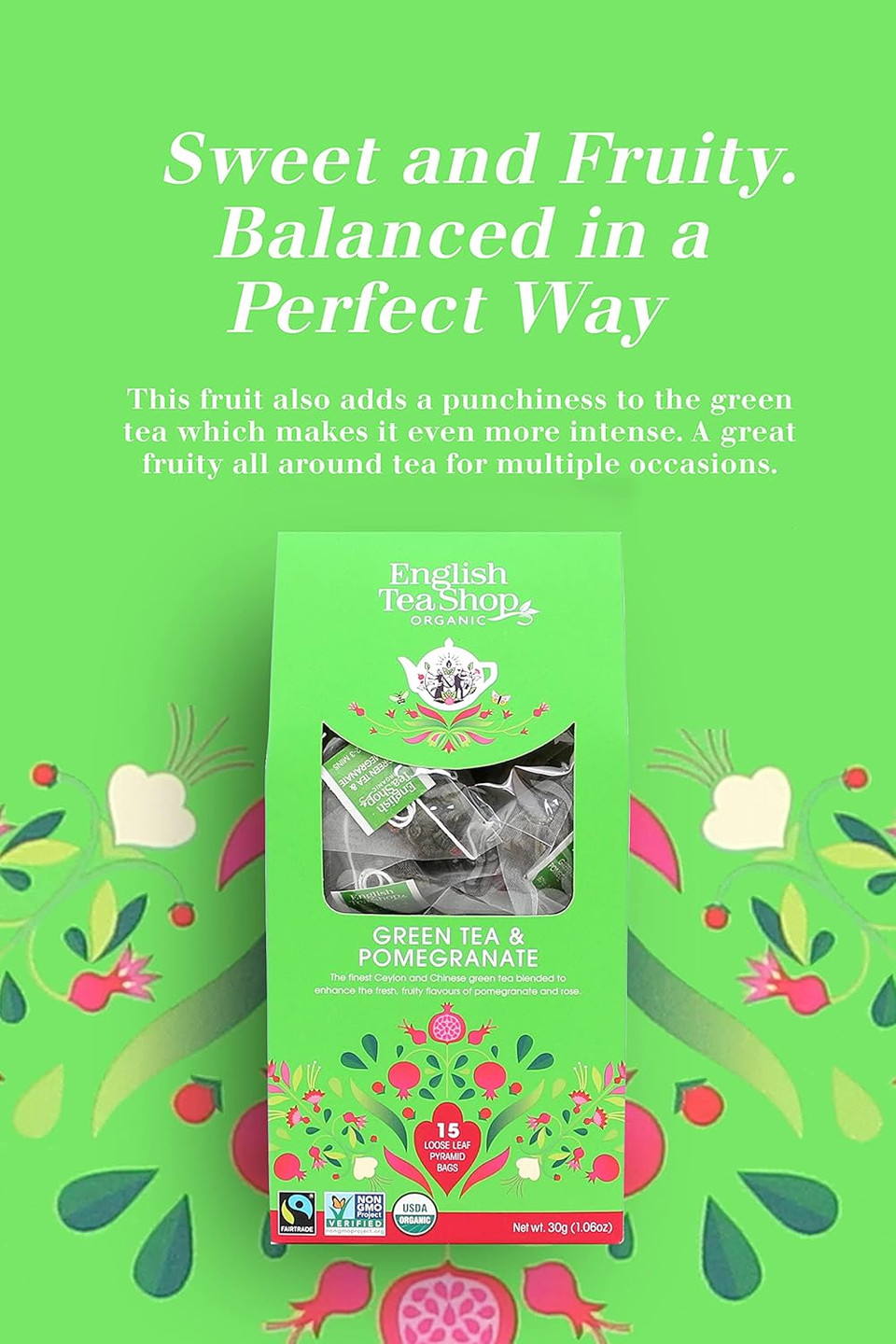 English Tea Shop Organic Green Tea & Pomegranate Tea (15 Pyramids), 30 g