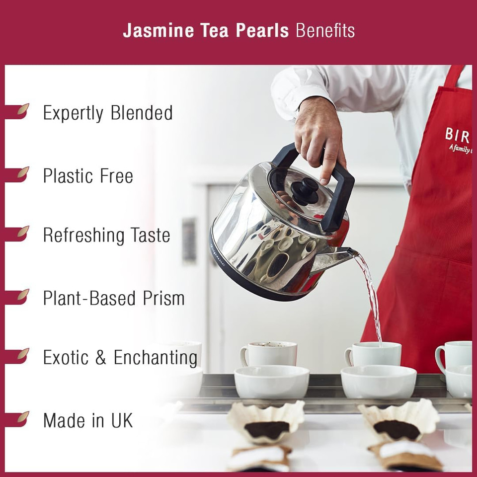 Birchall Tea Bags, Jasmine Tea Pearls Gift Set, Green Tea Bursting with Full Flavour, Perfect Herbal Tea Gift Set, 15 Pack of Plant-Based Prism Tea Bags