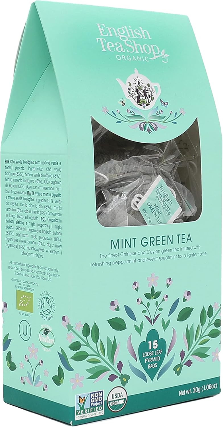 English Tea Shop Mint Green Tea, 15 Fairtrade & Organic Loose Leaf Silken Pyramid Infuser Bags, 30g