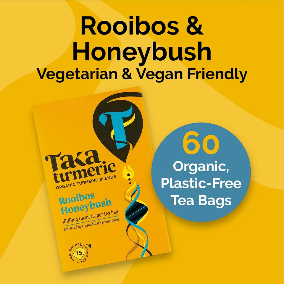 Taka Turmeric, 1 pack (15 Teabags) Organic Rooibos & Honeybush Tea Bags with Turmeric & Black Peppercorns, Turmeric Tea, Caffeine Free Redbush Tea Bags, Rooibos Tea Bags, Recyclable Packaging
