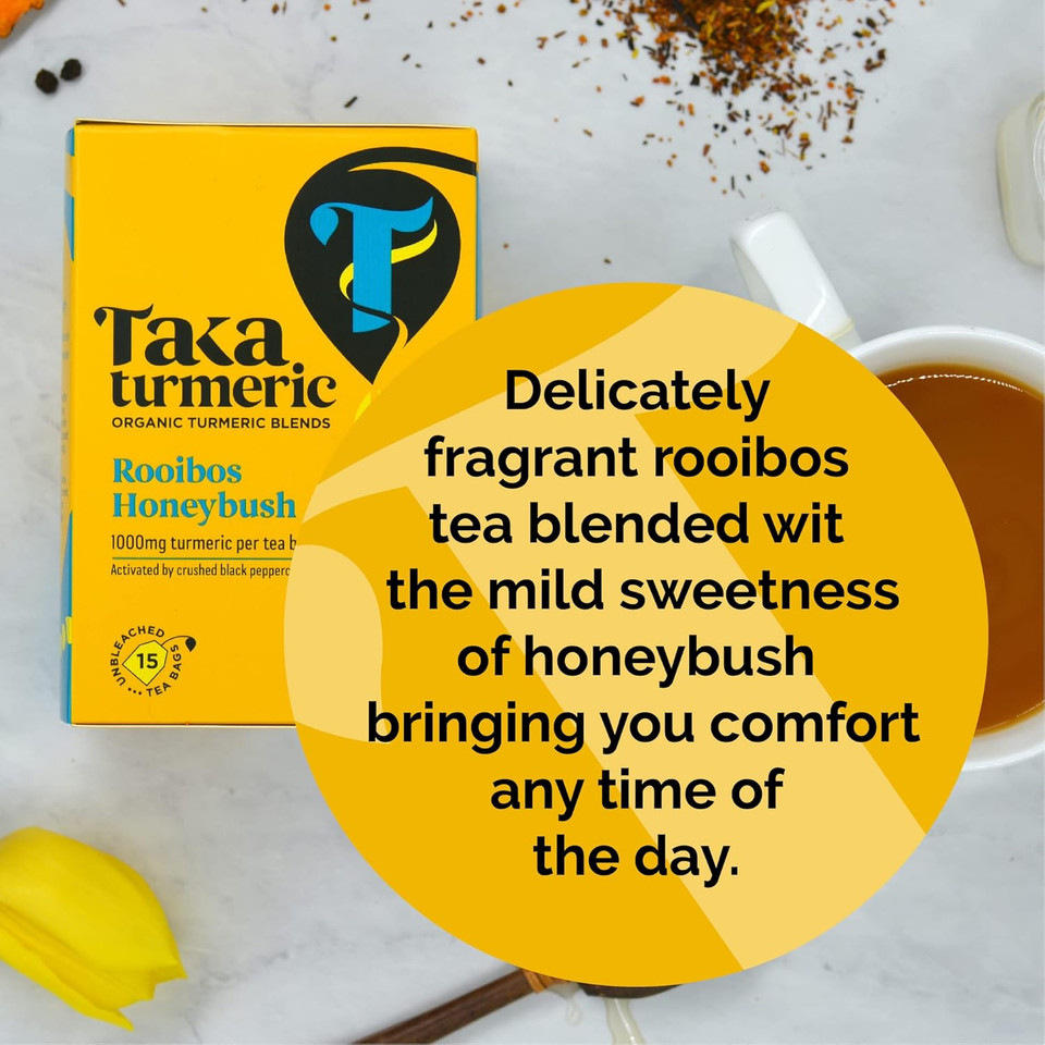 Taka Turmeric, 1 pack (15 Teabags) Organic Rooibos & Honeybush Tea Bags with Turmeric & Black Peppercorns, Turmeric Tea, Caffeine Free Redbush Tea Bags, Rooibos Tea Bags, Recyclable Packaging