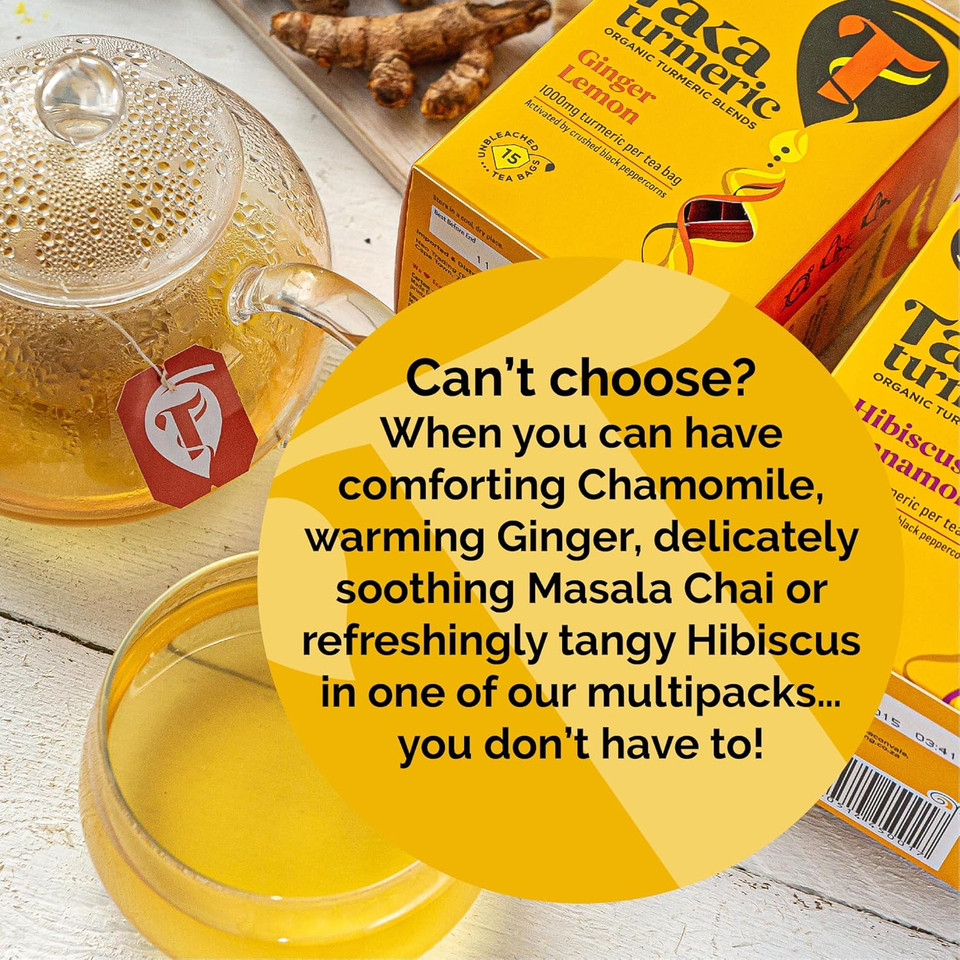 Taka Turmeric, 1 pack (15 Teabags) Organic Masala Chai Tea Bags with Turmeric & Black Peppercorns, Turmeric Tea, Herbal Tea, Flavoured Tea, No Added Flavourings, Recyclable Packaging