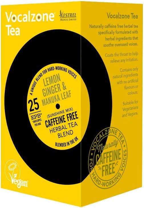 Vocalzone Tea for Throat & Voice Care  Lemon Ginger & Manuka Leaf. Caffeine Free Herbal Tea Blend. 25 Tea Bags. Contains Liquorice, Slippery Elm