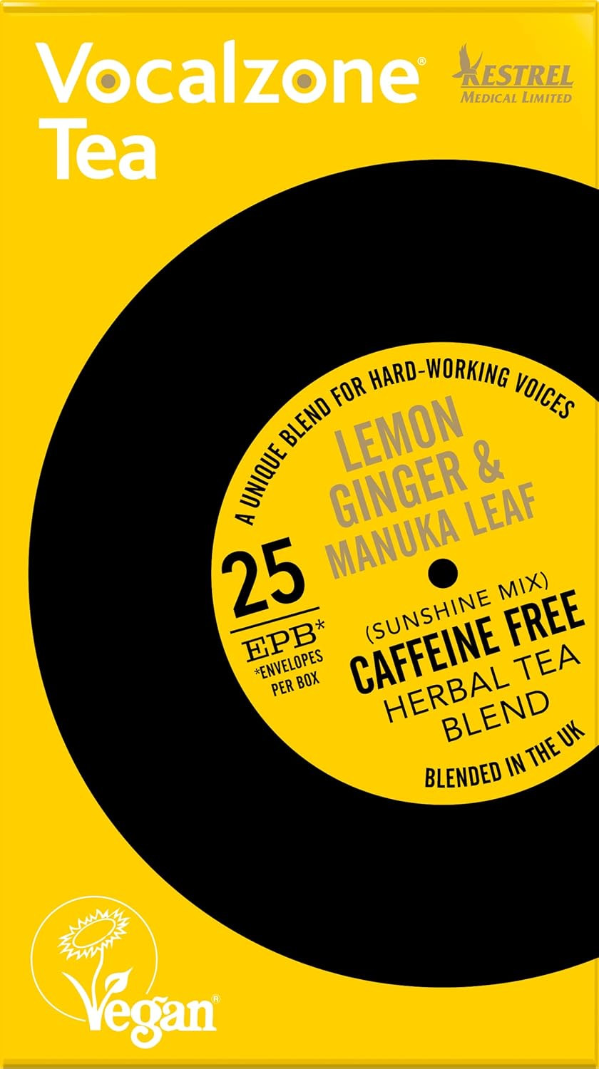 Vocalzone Tea for Throat & Voice Care  Lemon Ginger & Manuka Leaf. Caffeine Free Herbal Tea Blend. 25 Tea Bags. Contains Liquorice, Slippery Elm