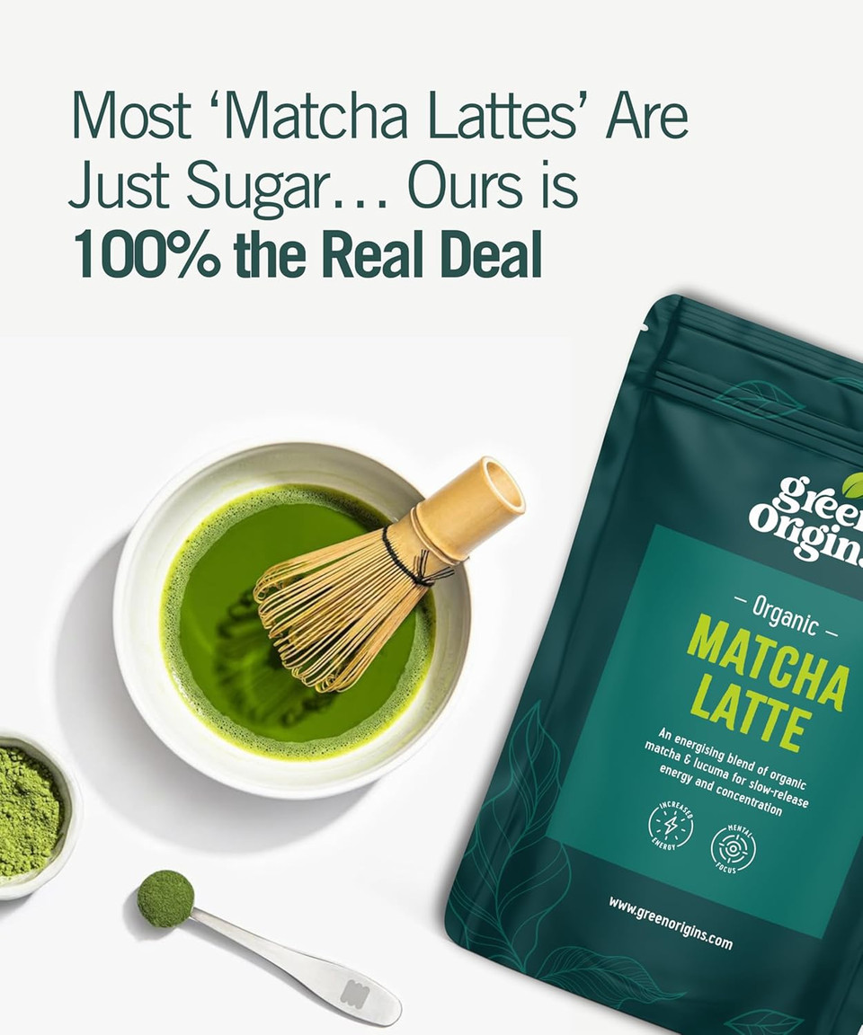 Green Origins Organic Super Japanese Matcha Latte Blend for Slow-Release Energy & Concentration with Lucuma & Coconut Milk |10 Servings, 100g | Vegan, Dairy Free, Gluten Free, No Added Sugar