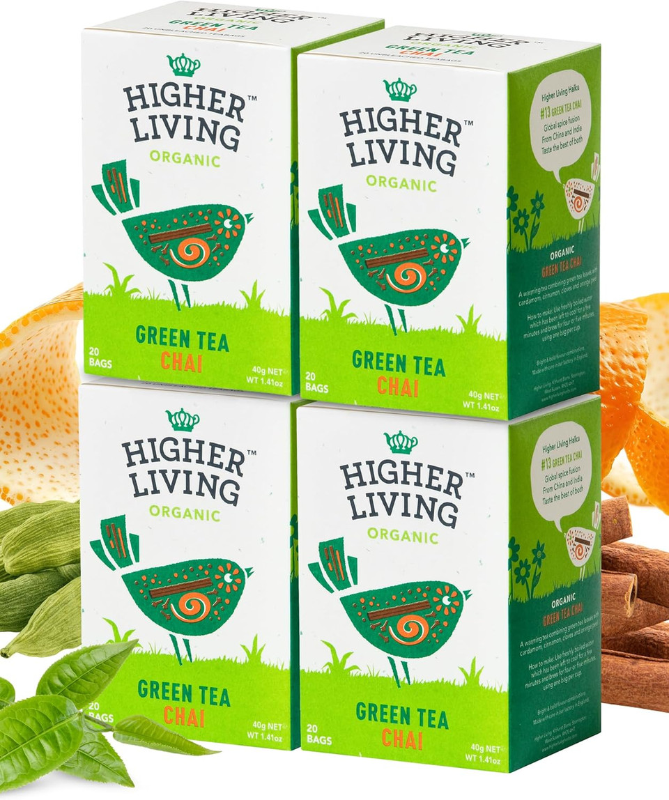 Higher Living Green Tea Chai - Energising, Caffeine Infused Organic Herbal Tea with Cinnamon, Cloves & Cardamom Spices - 4 Boxes, 20 Bags Each