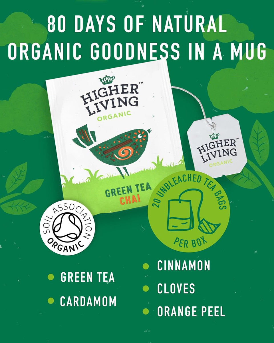 Higher Living Green Tea Chai - Energising, Caffeine Infused Organic Herbal Tea with Cinnamon, Cloves & Cardamom Spices - 4 Boxes, 20 Bags Each