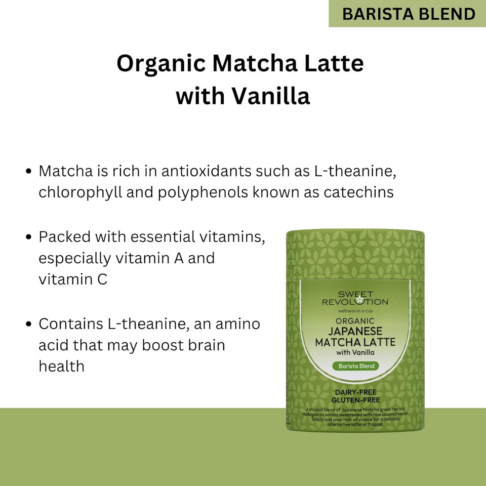 Sweet Revolution Organic Matcha Latte with Vanilla Barista Blend (1 x 100g) tub. Gluten Free, Dairy Free, Refined Sugar-Free