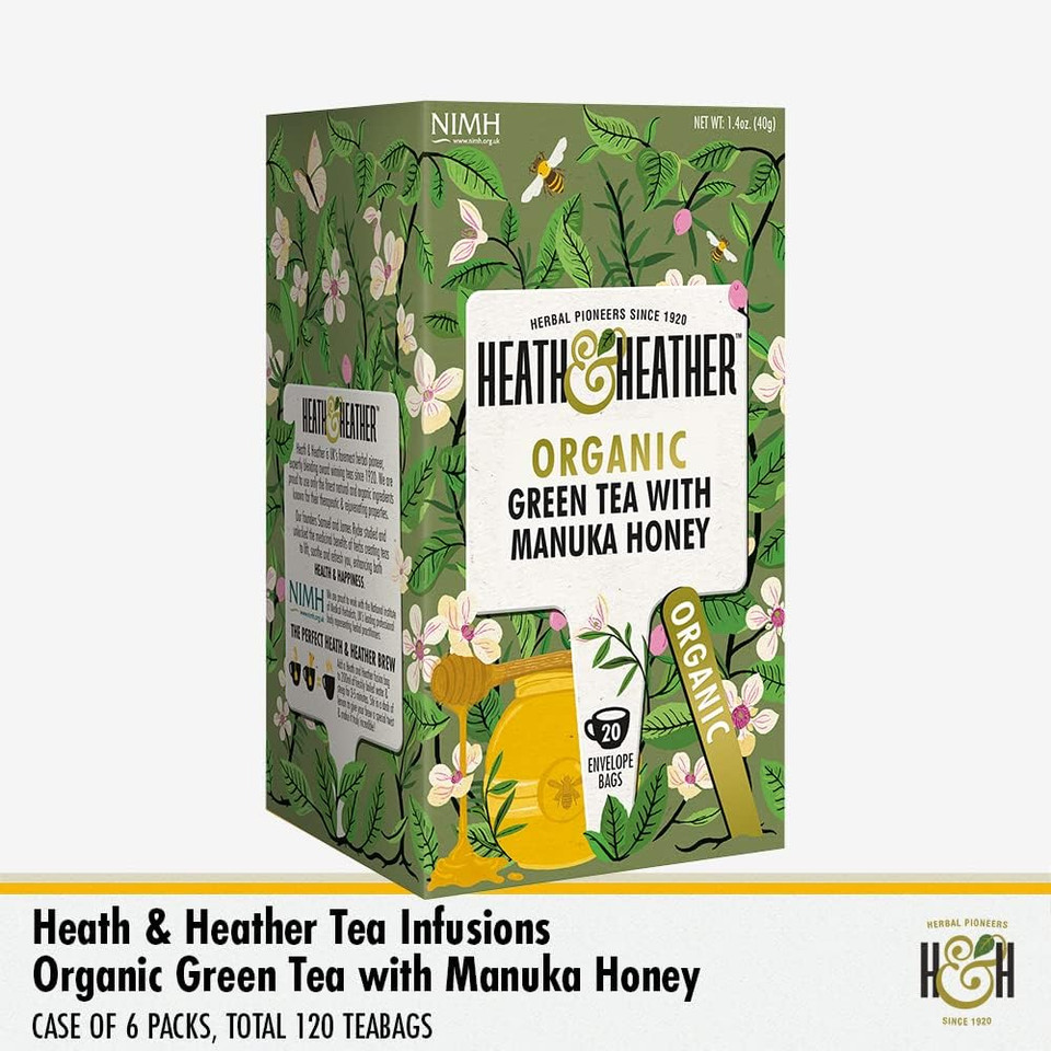 Heath & Heather Organic Green Tea with Manuka Honey Teabags | Individually Wrapped Herbal Tea Infusions | 6 Packs of 20, Total 120 Tea Bags