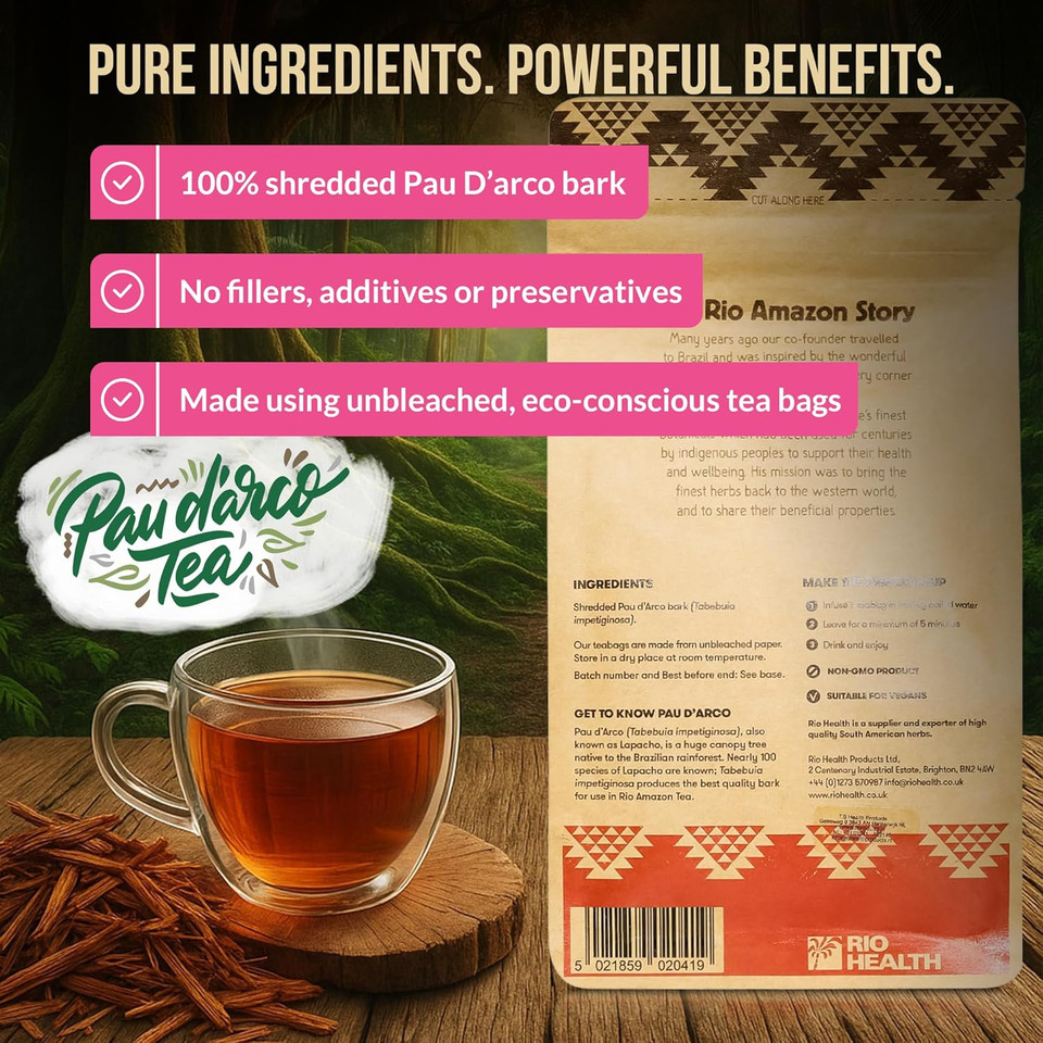 Rio Amazon Pau DArco Herbal Tea  90 Unbleached Tea Bags of 100% Natural Lapacho Bark  Caffeine-Free Detox Infusion for Immunity, Anti-Inflammatory Support & Wellness  Non-GMO, Additive-Free