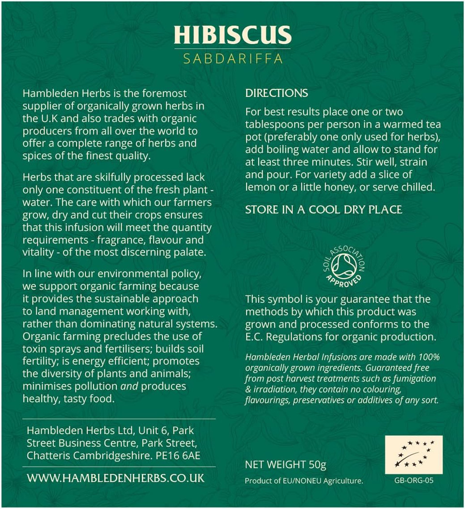 Hambleden Herbs Organic Hibiscus Loose Leaf Infusion 50g (6 x 50g Pouches)