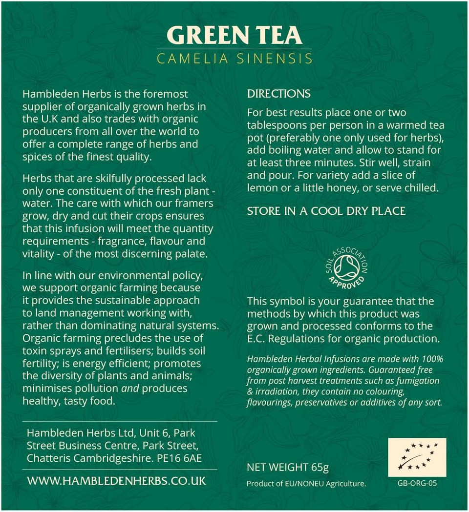 Hamblden Herbs Organic Green Tea Loose Leaf Infusion 65g (6 x 65g Pouches)