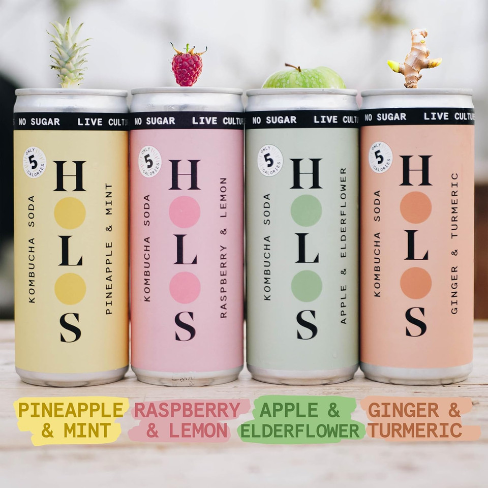 HOLOS Mixed Case Sparkling Kombucha Soda - 3x Each Raspberry & Lemon, Apple & Elderflower, Ginger & Turmeric, Pineapple & Mint - Sugar Free Gluten Free Live Culture Drink - 12 x 250ml Kombucha Cans