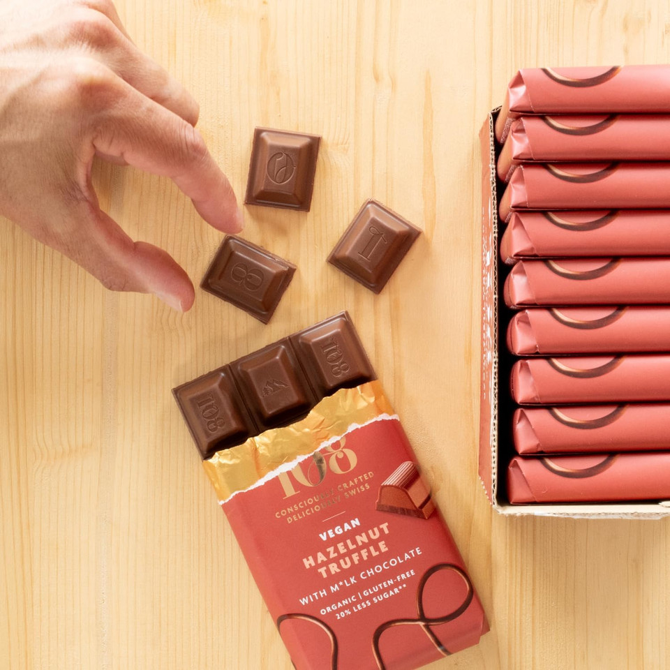 RHYTHM 108 Swiss Vegan Organic Hazelnut Truffle Bar with M'lk Chocolate 100g