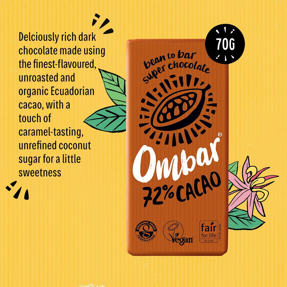 Vegan Chocolate Bar - Ombar 72% Dark Chocolate - Organic Fair Trade Chocolate - Dairy and Gluten Free - Raw Cacao - 70g - Single Bar (Pack of 2)