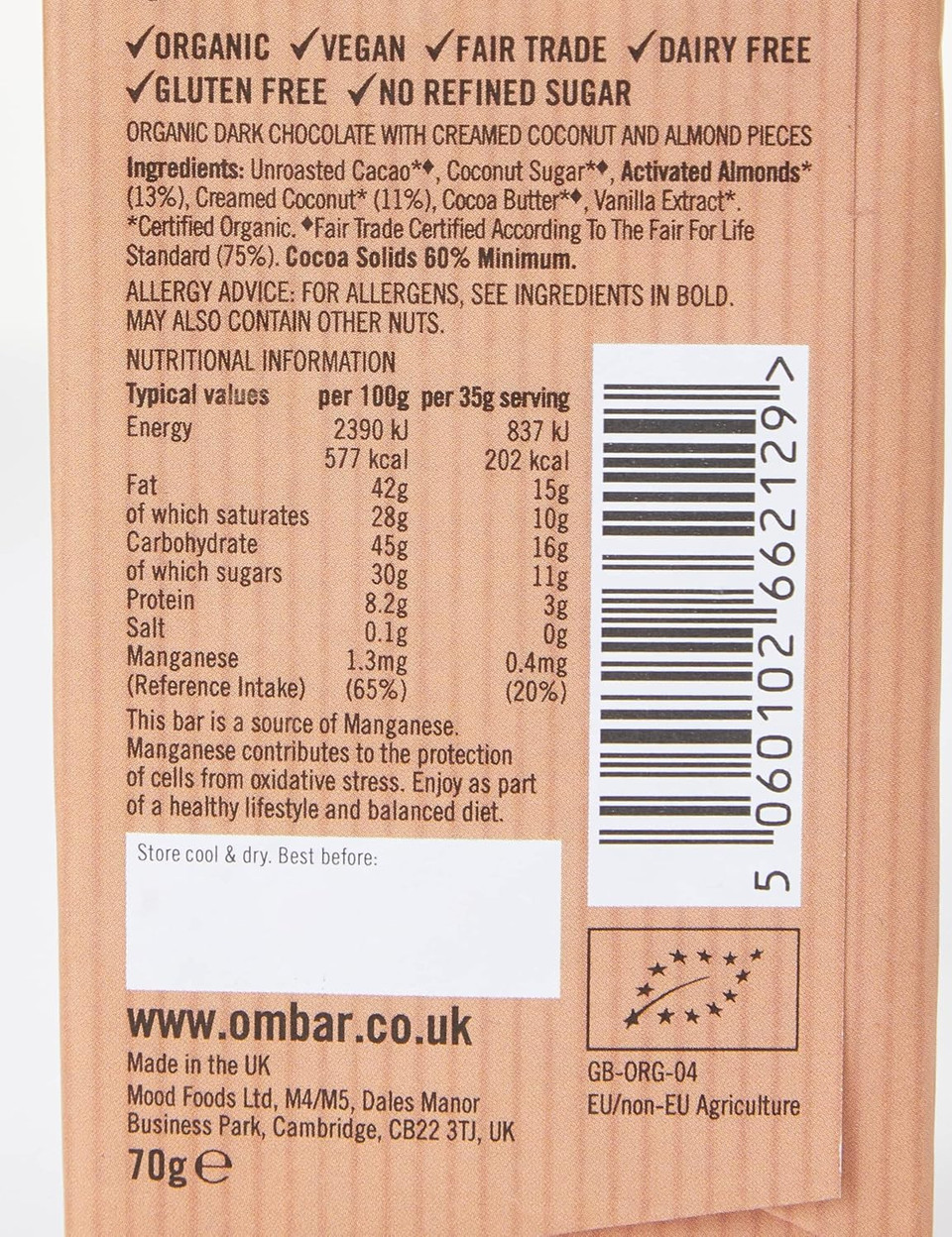 Vegan Chocolate Bar - Ombar Coco Almond - Organic Fair Trade Chocolate - Dairy and Gluten Free - Raw Cacao - 70g - Single Bar (Pack of 2)