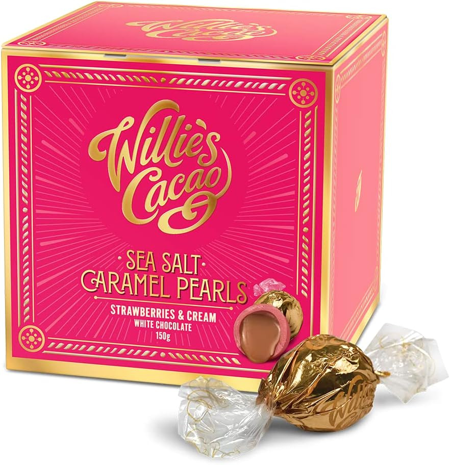 Willie's Cacao - Salted caramel chocolate gift box - Individually wrapped pearls of strawberry chocolate filled with molten salted carmel - 150 g - Artisan chocolate