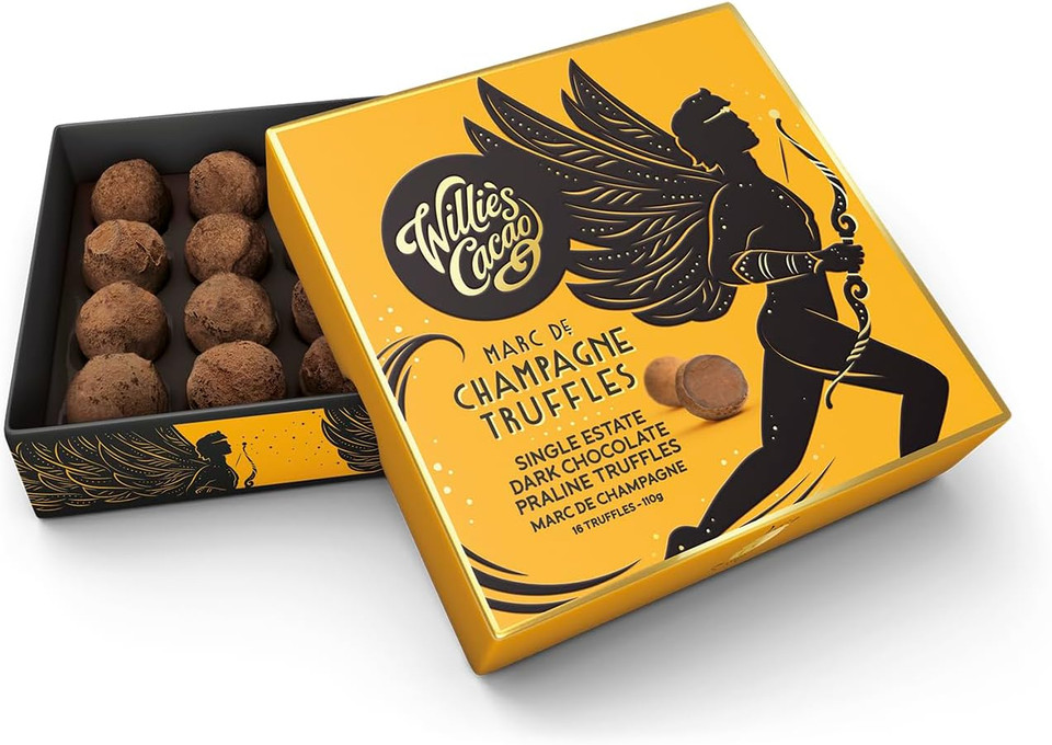 Willie's Cacao - Champage Truffle Gift Box - Dark chocolate truffles with Marc de Champagne - Vegan chocolate truffles - 16 truffles 110g - Single - Artisan Chocolate - 100% Natural