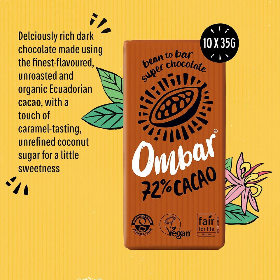 Vegan Chocolate Bar - Ombar 72% Dark Chocolate (35g x 10 bars) - Organic Fair Trade Chocolate - Dairy and Gluten Free - Raw Cacao