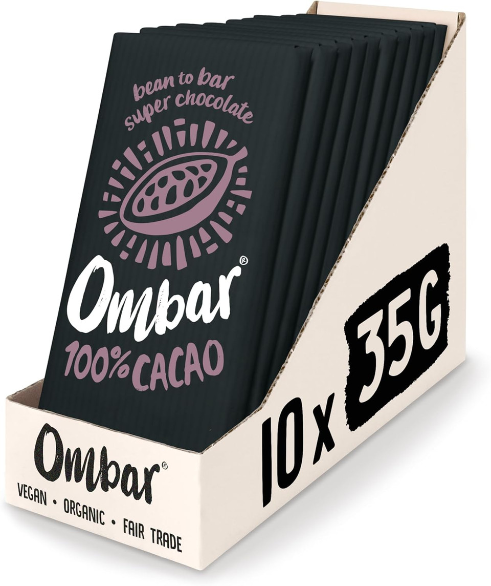 Vegan Chocolate - Ombar 100% Cacao Dark Chocolate (35g x 10 Bars) Organic, Fair Trade, Dairy Free and Gluten Free Chocolate