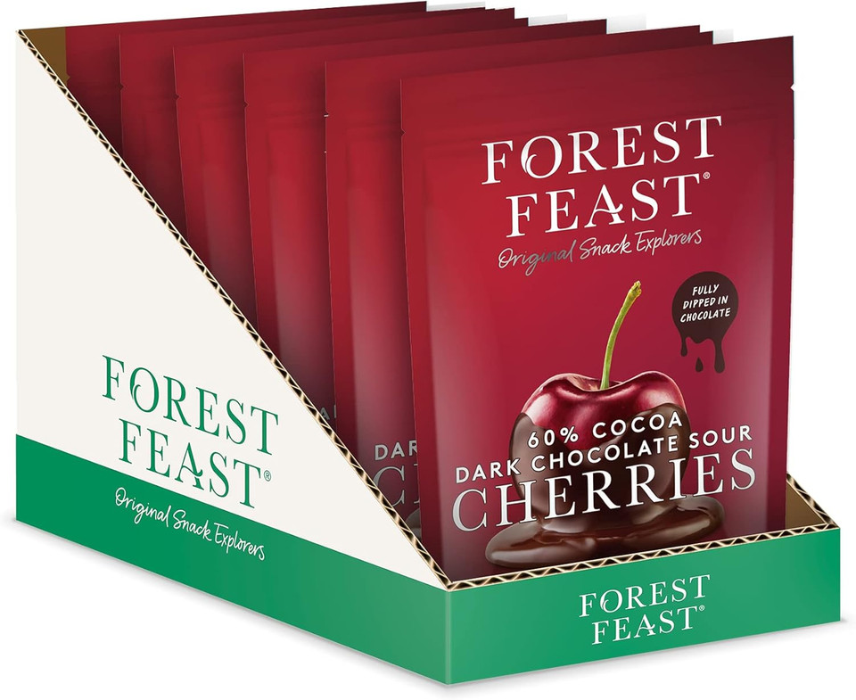 Forest Feast 60% Cocoa Dark Chocolate Sour Cherries 6 x 120g | Sweet Dried Cherries Chocolate Covered Fruit Snack with 60% Belgian Dark Chocolate, Gluten Free & Vegan Snack Forest Feast 60% Cocoa Dark Chocolate Sour Cherries 6 x 120g | Sweet Dried Cherries Chocolate Covered Fruit Snack with 60% Belgian Dark Chocolate, Gluten Free & Vegan Snack
