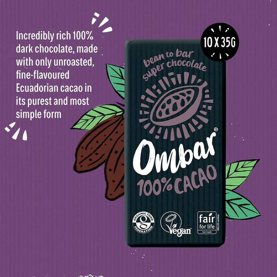 Vegan Chocolate Bar - Ombar 72% Dark Chocolate - Organic Fair Trade Chocolate - Dairy and Gluten Free - Raw Cacao - 35g - Pack of 10