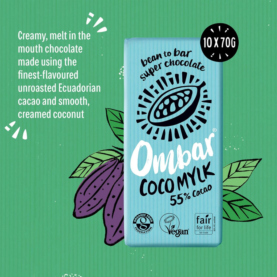 Vegan Chocolate - Ombar Salt & Nibs 64% Chocolate (70g x 10 Bars) Organic Fair Trade, Dairy and Gluten Free Chocolate