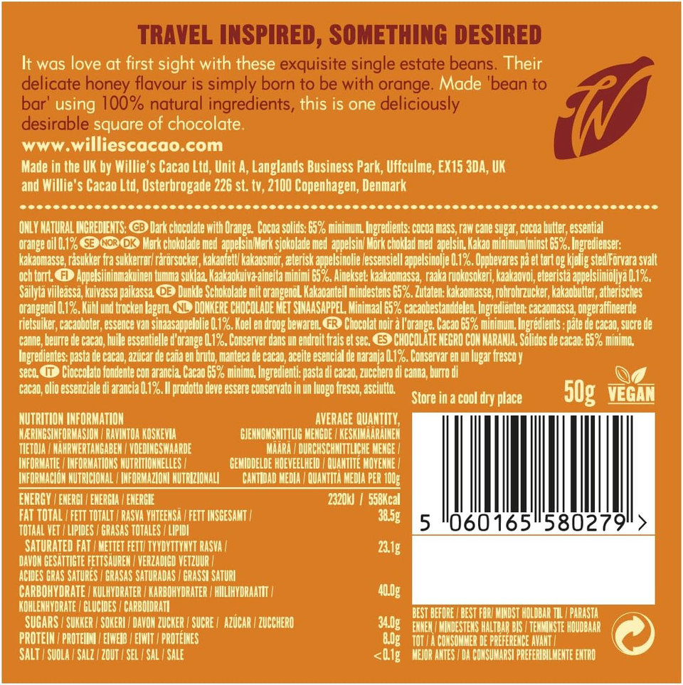 Willie's Cacao - Luscious Orange, 65% dark chocolate with orange bar - Vegan - 50g x 12 - Vegan chocolate - Artisan chocolate - Bean to bar