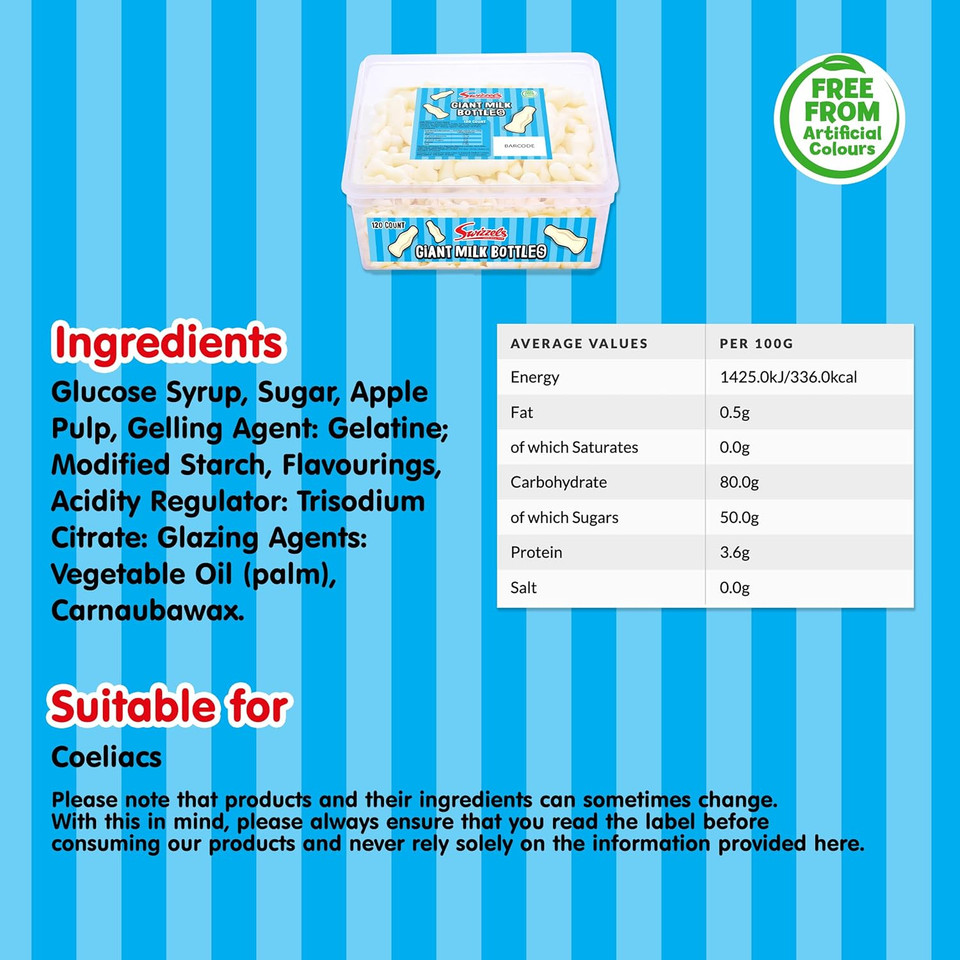 Swizzels Milk Bottle Sweet Tub Milk Flavour Foam Sweet Gums Giant Bottle Sweets Free From Artificial Colours 120 Sweets Approximately (Pack of 2)