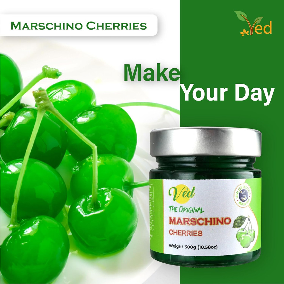 Ved Gourmet Original Green Maraschino Cherries - Italian Cherry for Old-Fashioned Cocktails - Vegan Cocktail, Bourbon Cherries in Natural Syrup for Cocktail Garnish