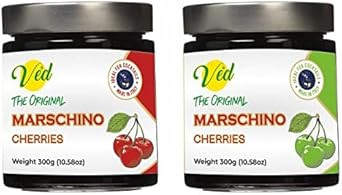 Ved Gourmet Original Red & Green Maraschino Cherries - Italian Cherry for Old-Fashioned Cocktails - Vegan Cocktail, Bourbon Cherries in Natural Syrup for Cocktail Garnish