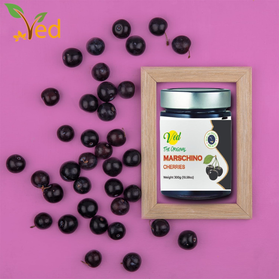Ved Gourmet Original Black & Green Maraschino Cherries - Italian Cherry for Old-Fashioned Cocktails - Vegan Cocktail, Bourbon Cherries in Natural Syrup for Cocktail Garnish