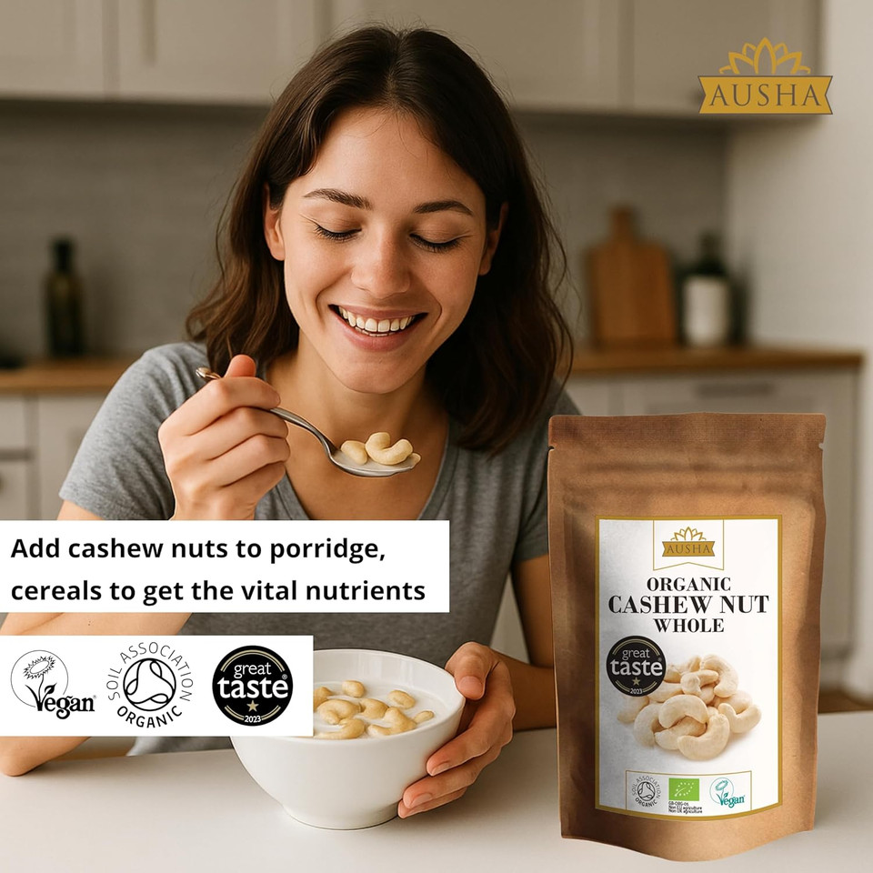 Ausha Organic CASHEW NUTS Whole 500g - UK Certified Organic by Soil Association - 1* GREAT TASTE AWARD