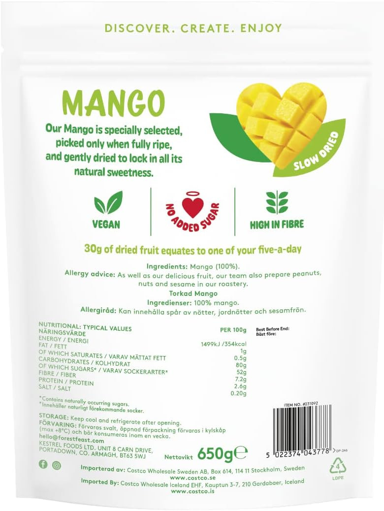 FOREST FEAST Exotic Dried Natural Mango 650g | Snack Size Pieces of Dried Fruit Mango with No Added Sugar & High in Fibre | Ready to Eat Snack, Vegan Option