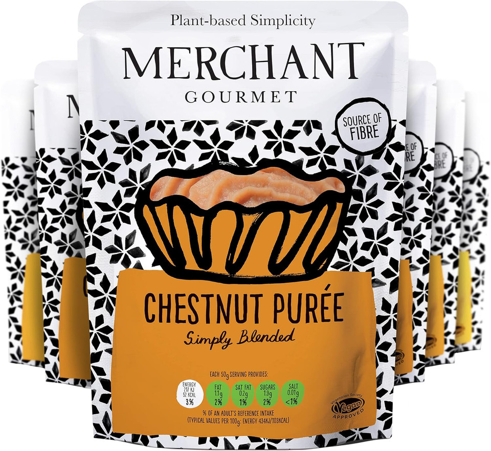 Merchant Gourmet Chestnut Puree - Slowly Roasted Rich Puree - Source of Fibre, Low Saturated Fat & Vegan - Ideal for Baking & Desserts - Pack of 6 x 200g Ready-to-eat Pouches